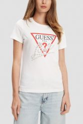GUESS Biały damski t-shirt Pearls Love. Białe t-shirty Guess, s, z aplikacjami, bez kołnierzyka, bez ramiączek. W wyprzedaży za 189.99 zł.