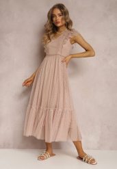 Beżowa Sukienka Lasthameia. Brązowe sukienki Renee, s, w ażurowe wzory, z koronki, bez kołnierzyka, bez ramiączek, midi, rozkloszowane. Za 144.99 zł.