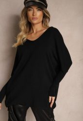 Czarna Nietoperzowa Bluzka z Dzianiny z Wiskozą z Dekoltem i Cyrkoniami na Plecach Vailune. Czarne bluzki Renee, m, bez wzorów, z dzianiny, eleganckie, bez kołnierzyka, bez ramiączek. Za 79.99 zł.