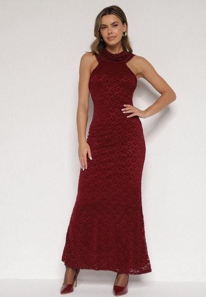 Bordowa Asymetryczna Sukienka z Falbaną Nawedina. Czerwone sukienki Born2be, l, bez wzorów, z poliesteru, wizytowe, z asymetrycznym kołnierzem, bez ramiączek, asymetryczne. Za 199.99 zł.