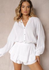 Biały Kombinezon z Bawełny ze Spódnico-Spodenkami i Guzikami oraz Gumką w Talii Vimatthea. Białe sukienki Renee, na co dzień, bez wzorów, z bawełny, eleganckie, bez kołnierzyka, bez ramiączek. Za 139.99 zł.