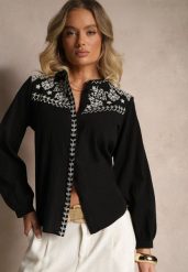 Czarna Bawełniana Koszula Boho z Haftowanym Wzorem Gonniva. Czarne koszule Renee, l, bez wzorów, z bawełny, boho, bez kołnierzyka, bez ramiączek. Za 79.99 zł.
