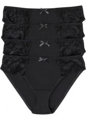 Figi z miękką bawełną i koronką (4 pary). Czarne figi bonprix, bez wzorów, z bawełny. Za 64.99 zł.