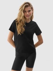 T-shirt gładki z bawełną organiczną damski - czarny. Czarne t-shirty 4f, xs, bez wzorów, z bawełny, bez kołnierzyka, bez ramiączek. W wyprzedaży za 29.99 zł.