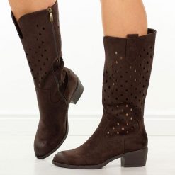 Brązowe ażurowe kozaki damskie na obcasie Potocki 12753. Brązowe kozaki POTOCKI, na jesień, z jeansu, bez obcasa, na obcasie, bez zapięcia. Za 269.00 zł.