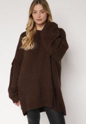 Brązowy Sweter z Wiskozą i Wełną o Kroju Nietoperza Fedella. Brązowe swetry Born2be, bez wzorów, z jeansu, bez ramiączek. Za 199.99 zł.