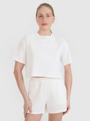 4F T-shirt crop top z waflowej dzianiny damski - biały S. Białe t-shirty 4f, s, bez wzorów, z bawełny, bez kołnierzyka, bez ramiączek. W wyprzedaży za 49.99 zł.