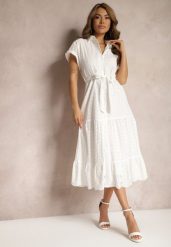 Biała Koszulowa Sukienka z Ażurowej Bawełny Wiązana w Talii Lulilena. Białe sukienki Renee, na spacer, na lato, l, w ażurowe wzory, z bawełny, eleganckie, bez kołnierzyka, bez ramiączek, maxi, kopertowe. Za 149.99 zł.