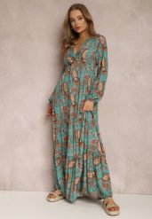 Niebieska Sukienka Demestra. Niebieskie sukienki Renee, na lato, l, bez wzorów, boho, bez kołnierzyka, bez ramiączek, maxi, kopertowe. Za 99.99 zł.