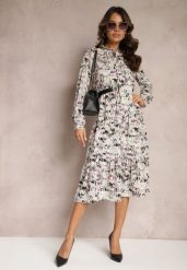 Ciemnobeżowa Rozkloszowana Sukienka Midi z Falbanką i Gumką w Talii Viglira. Brązowe sukienki Renee, na imprezę, l, bez wzorów, eleganckie, bez kołnierzyka, bez ramiączek, midi, rozkloszowane. Za 79.99 zł.