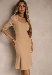 Beżowa Dopasowana Sukienka Vices o Asymetrycznym Fasonie Zdobiona Koronką Natileira. Brązowe sukienki Renee, na spotkanie biznesowe, l, z aplikacjami, z koronki, eleganckie, z asymetrycznym kołnierzem, bez ramiączek, midi, asymetryczne. Za 89.99 zł.