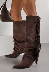Brązowe Kozaki z Imitacji Zamszu na Szpilce z Marszczoną Cholewką z Frędzlami Linotris. Brązowe kozaki Renee, z jeansu, bez obcasa, na obcasie, bez zapięcia. Za 199.99 zł.