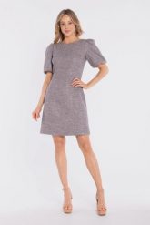 Elegancka sukienka koktajlowa z bufiastymi rękawami szara. Szare sukienki Stylove, l, bez wzorów, z materiału, eleganckie, bez kołnierzyka, bez ramiączek, midi, dopasowane. Za 349.00 zł.