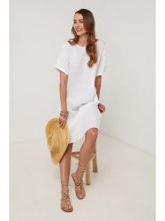 Lin Passion Lniana sukienka w kolorze białym rozmiar: 38/40. Białe sukienki Lin Passion, na co dzień, bez wzorów, ze lnu, klasyczne, bez kołnierzyka, bez ramiączek, midi, proste. Za 143.99 zł.