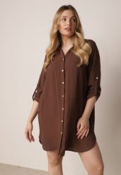 Brązowa Sukienka Oversize z Bawełny o Prostym Kroju Koszulowym Elanistra. Brązowe sukienki Born2be, na co dzień, m, bez wzorów, z bawełny, eleganckie, bez kołnierzyka, bez ramiączek, mini, koszulowe. Za 109.99 zł.