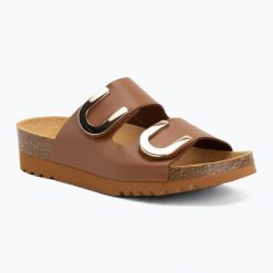 Klapki damskie Scholl Montery 2 Straps Ad Med. Brązowe klapki Scholl, bez wzorów, z materiału, bez obcasa. Za 349.99 zł.
