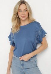 Granatowa Bawełniana Bluzka Nietoperz z Koronkowymi Rękawami z Cyrkoniami Adivain. Niebieskie bluzki Born2be, m, bez wzorów, z bawełny, eleganckie, bez kołnierzyka, bez ramiączek. W wyprzedaży za 46.74 zł.