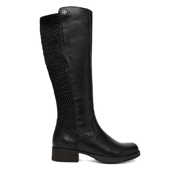 Kozaki Rieker. Czarne kozaki Rieker, bez obcasa, na słupku, bez zapięcia. Za 529.99 zł.