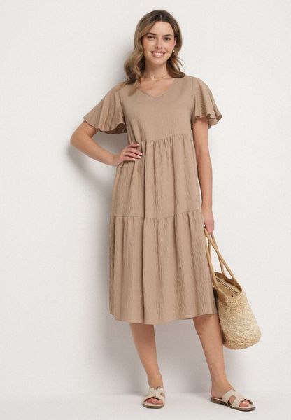 Beżowa Wiskozowa Sukienka Rozkloszowana z Dekoltem V Natilenia. Brązowe sukienki Born2be, na co dzień, l, bez wzorów, z wiskozy, eleganckie, bez kołnierzyka, bez ramiączek, midi, rozkloszowane. Za 69.99 zł.