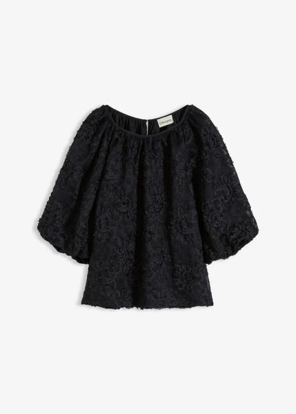 Bluzka ze strukturalnym wzorem w kwiaty. Czarne bluzki bonprix, bez wzorów, bez kołnierzyka, bez ramiączek. Za 47.99 zł.