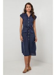 Lin Passion Lniana sukienka w kolorze granatowym rozmiar: 34/36. Niebieskie sukienki Lin Passion, na co dzień, bez wzorów, ze lnu, klasyczne, bez kołnierzyka, bez ramiączek, midi, proste. Za 173.99 zł.