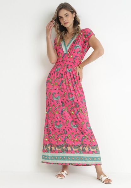 Różowa Kopertowa Sukienka Maxi z Gumką w Pasie we Wzór Paisley Anitte. Czerwone sukienki Born2be, na lato, l, bez wzorów, bez kołnierzyka, bez ramiączek, maxi, kopertowe. Za 49.99 zł.