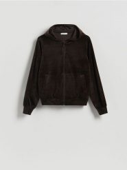 Welurowa bluza z kapturem - ciemnobrązowy. Brązowe bluzy Reserved, l, bez wzorów, z dzianiny, z kapturem. Za 119.99 zł.