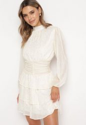 Jasnobeżowa Elegancka Sukienka z Błyszczącymi Drobinkami i Falbankami Tinaria. Brązowe sukienki Born2be, l, bez wzorów, eleganckie, bez kołnierzyka, bez ramiączek, mini. Za 149.99 zł.