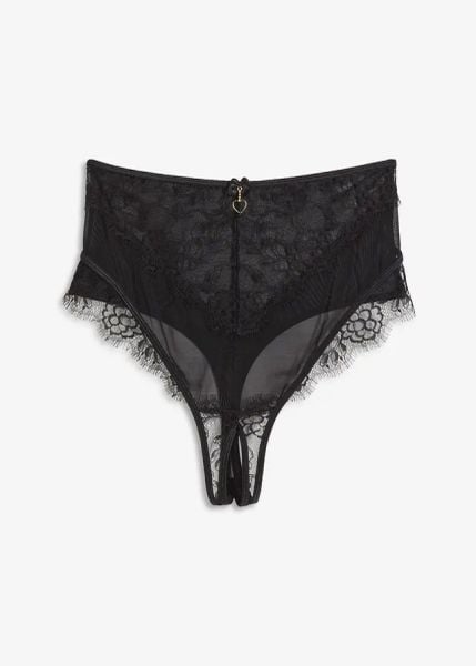 Stringi ouvert z wysoką talią. Czarne stringi bonprix, bez wzorów, z koronki. Za 59.99 zł.