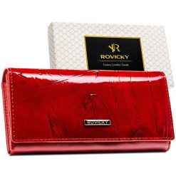 Duży lakierowany portfel damski ze skóry naturalnej i ekologicznej klasyczny poziomy na zatrzask ochrona RFID Rovicky RPN-27-YM. Brązowe portfele ROVICKY, bez wzorów, z lakierowanej skóry. Za 74.99 zł.