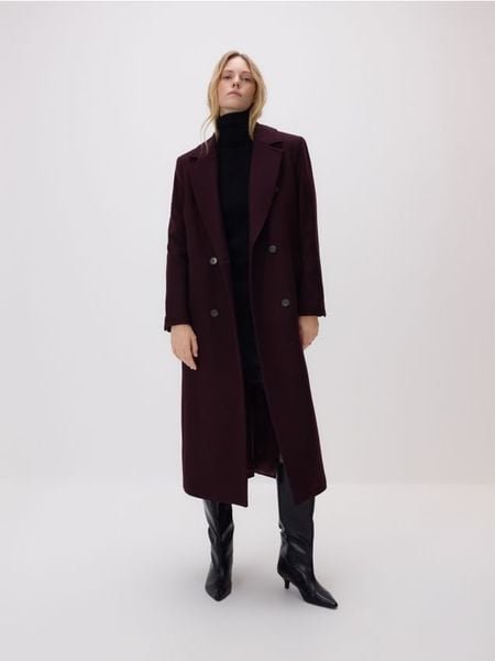 Płaszcz z wełną Bellandi - burgundowy. Czerwone płaszcze Reserved, l, bez wzorów, z tkaniny, bez kaptura. Za 699.99 zł.