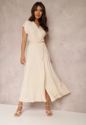 Jasnobeżowa Sukienka Kopertowa Appephone. Brązowe sukienki Renee, l, bez wzorów, z tkaniny, glamour, bez kołnierzyka, bez ramiączek, maxi, dopasowane. Za 149.99 zł.