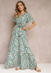 Zielona Sukienka Maxi z Wiskozy z Gumką i Materiałowym Paskiem w Talii Dionelia. Zielone sukienki Renee, l, bez wzorów, z materiału, bez kołnierzyka, bez ramiączek, maxi. Za 64.99 zł.