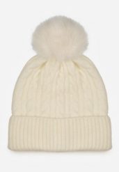 Jasnobeżowa Czapka w Warkoczowy Splot z Pomponem Vetisare. Brązowe czapki Born2be, bez wzorów, z dzianiny. Za 34.99 zł.