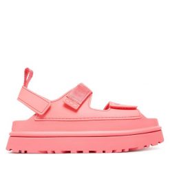 Sandały Ugg. Czerwone sandały UGG, bez wzorów, bez obcasa, na płaskiej podeszwie, bez zapięcia. Za 469.99 zł.