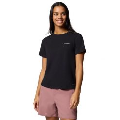 T-shirt sportowy z krótkim rękawem damski Sun Trek W SS II Tee. Czarne koszulki sportowe Columbia, bez wzorów, z bawełny, bez ramiączek. Za 99.99 zł.