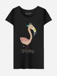 WOOOP Koszulka "Flamingo Skater" w kolorze czarnym rozmiar: L. Czarne bluzki Wooop, l, bez wzorów, z bawełny, bez kołnierzyka, bez ramiączek. Za 79.59 zł.