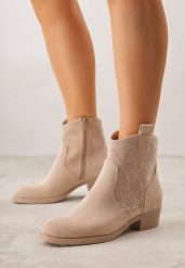Ciemnobeżowe Botki Ażurowe na Obcasie w Stylu Kowbojek Lalona. Brązowe botki Born2be, w ażurowe wzory, z dzianiny, bez obcasa, na obcasie, bez zapięcia. Za 119.99 zł.