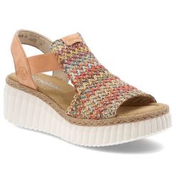 Pomarańczowe Sandały Rieker Stylowe Obuwie Damskie. Brązowe sandały Rieker, bez wzorów, ze splotem, boho, bez obcasa, na koturnie, bez zapięcia. Za 329.00 zł.