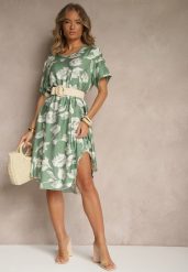 Ciemnozielona Sukienka Pudełkowa z Wiskozy w Kwiaty Aranolia. Zielone sukienki Renee, na co dzień, xl, bez wzorów, z jeansu, eleganckie, bez kołnierzyka, bez ramiączek, midi, proste. Za 69.99 zł.