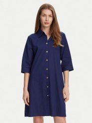 Selmark Sukienka koszulowa BM033 Granatowy Relaxed Fit. Niebieskie sukienki Selmark, m, bez wzorów, z bawełny, bez kołnierzyka, bez ramiączek, koszulowe. Za 139.99 zł.