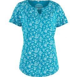 T-shirt z nadrukiem, krótki rękaw bonprix ciemnoturkusowy. Niebieskie t-shirty bonprix, bez wzorów, bez kołnierzyka, bez ramiączek. Za 44.99 zł.