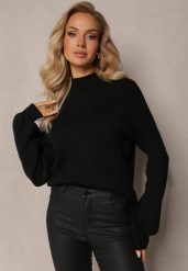 Czarny Gładki Sweter Golf ze Ściągaczami Germifa. Czarne golfy Renee, bez wzorów, z jeansu, bez ramiączek. Za 99.99 zł.