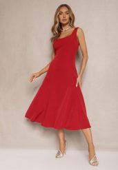 Bordowa Rozkloszowana Sukienka w Klasycznym Stylu Deslene. Czerwone sukienki Renee, na co dzień, l, bez wzorów, eleganckie, bez kołnierzyka, bez ramiączek, midi, proste. Za 69.99 zł.