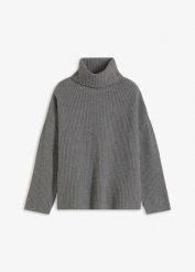 Prążkowany sweter z golfem. Szare golfy bonprix, bez wzorów, prążkowane, bez ramiączek. Za 114.99 zł.
