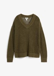 Sweter ażurowy z lekkiej mieszanki lnu. Zielone swetry bonprix, w ażurowe wzory, bez ramiączek. Za 69.99 zł.