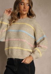 Beżowy Sweter o Nietoperzowym Fasonie z Dodatkiem Wełny w Paseczki Ralinatia. Brązowe swetry Renee, bez wzorów, z jeansu, bez ramiączek. Za 149.99 zł.