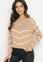 Ciemnobeżowy Sweter z Wiskozą w Geometryczny Wzór z Wycięciem w Kształcie Serca z Cyrkoniami Temilime. Brązowe swetry Born2be, m, bez wzorów, z jeansu, bez ramiączek. Za 54.99 zł.