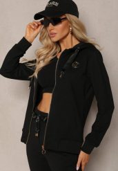 Czarna Bluza z Kapturem na Suwak z Metalową Aplikacją Jevase. Czarne bluzy Renee, xs, z aplikacjami, z jeansu, z kapturem. Za 44.99 zł.
