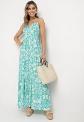 Niebieska Sukienka Maxi z Bawełny na Cienkich Ramiączkach z Falbanką i Kwiatowym Printem Miora. Niebieskie sukienki Born2be, na co dzień, m, bez wzorów, z bawełny, bez kołnierzyka, bez ramiączek, maxi. Za 79.99 zł.